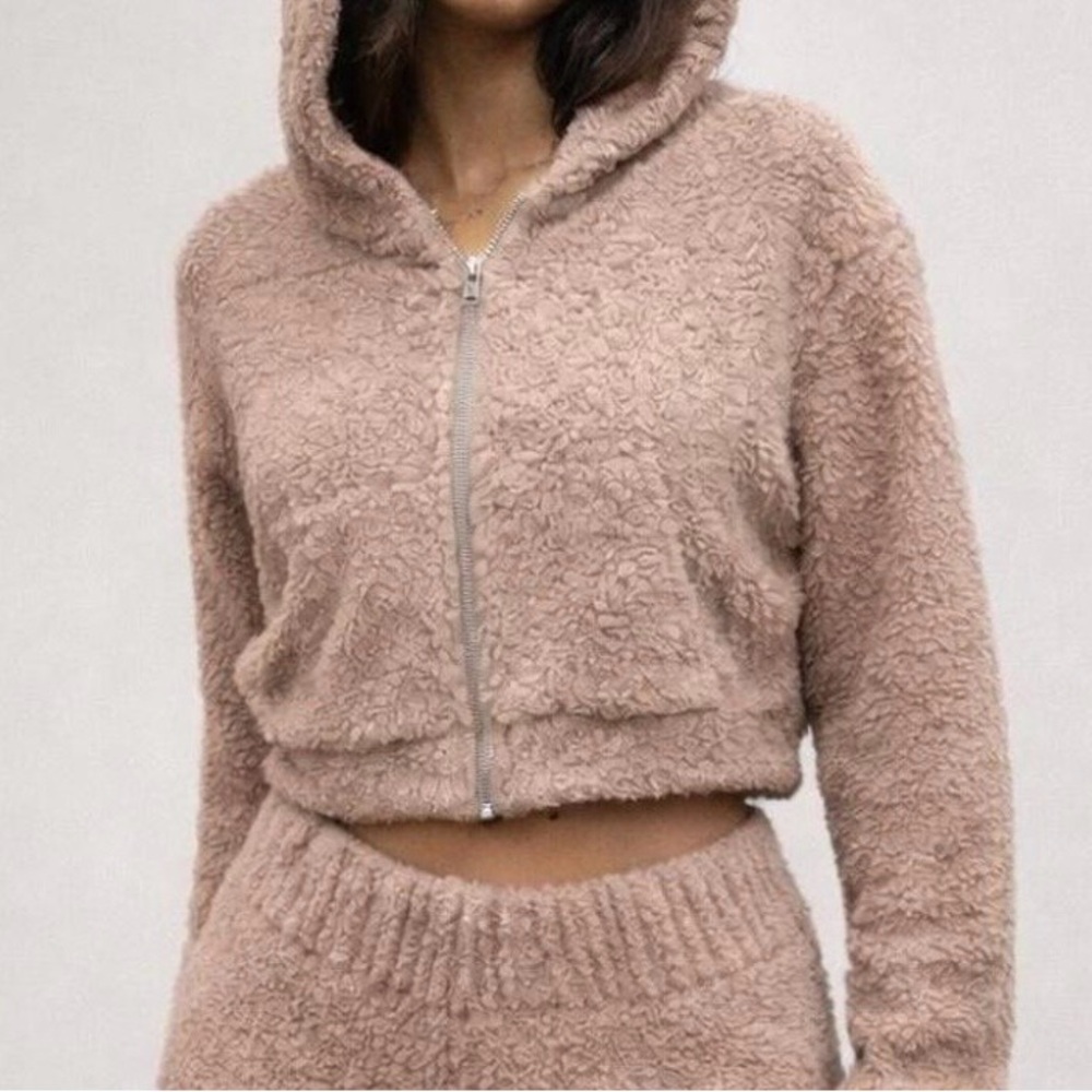 SKIMS Cozy Knit Zip Up Hoodie Teddy Sherpa Cropped Jacket S/M Kim Kardashian EUC
